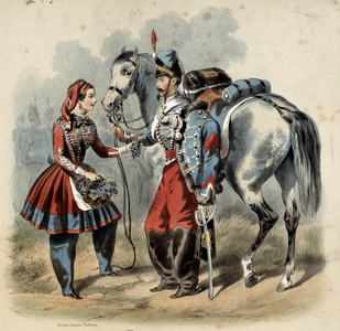 The French army and its cantinieres: Hussard and cantiniere de troupe de line., 19th century (engraving)