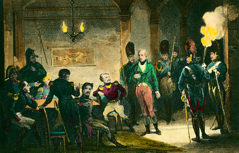 Louis de Bourbon, Duke of Enghien, scene of trial of the prince suspected of having conspired against the first consul Napoleon Bonaparte, 1804 (engraving)