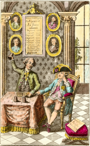 Jacques Necker (1732-1804) prestidigitator: King Louis XVI blames his finance director for charlatanism, c.1789 (engraving)