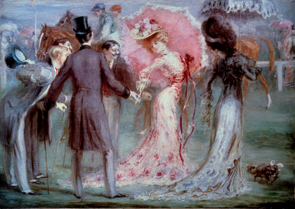 Good time: "Weighing" Men examining young women with insistence on horse racing, 20th century (oil on canvas)