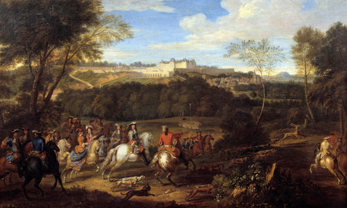 King Louis XIV (1638-1715) and the Court hunting in sight of the castle of Meudon, 17th century (oil on canvas)