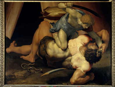 David and Goliath, 16th century (painting on double-sided slate)