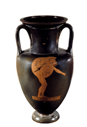 Greek art: black vase with red figures in ceramic representing a warrior, 4th century BC (ceramic)