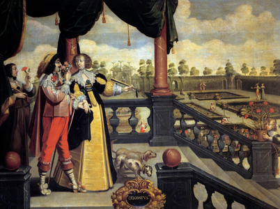 The Five Senses: Smell A couple of nobles in front of a garden, the man smells a bouquet of flowers, 17th century (oil on canvas)