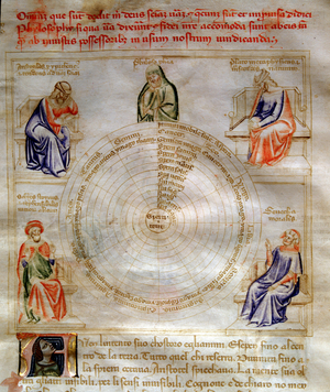 Allegory of Philosophy in "Chansonne des sept Vertus et des sept Arts liberales destinee a Bruzio Visconti", 1349 (watercolour)