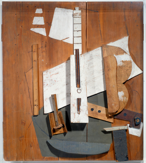 Embossed painting: guitar and bottle of bass. Artwork, 1913 (fir partially painted paper glue charcoal strokes nails on wood)