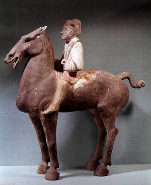 Chinese art: funerary statuette representing a cavalier in terracotta, 25-220 AD (object)