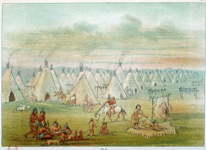 Indians of America: village commanche the tents are made of bison skins, 19th century (litho)