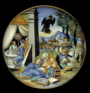 Low leg cut: Allegory of destiny. Faience, c.1540 (earthenware)