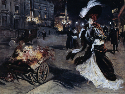 Belle Epoque: Woman in Egrets in a Parisian street at night, 1902 (oil on canvas)