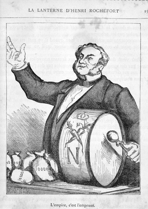 Cartoon of the politics of the Second Empire (Bonapartiste Regime) directed by Napoleon III (Charles Louis Napoleon Bonaparte, dit Louis-Napoleon Bonaparte, 1808-1873). “Empire is borrowing.” The government of Napoleon III practiced the policy of borrowing, especially to finance its wars. Illustration by Frid'Rick, La Lanterne, July 4, 1868. Engraving in “” Napoleon dernier: Les Lanternes de l'Empire”” (Volume 1, volume 1), reedition of 1880-1881 of 75 issues of the newspaper “” La Lanterne “” published by Henri Rochefort (1831-1913) between 30/05/1868 and 29/10/1869 at the Anti-Clerical Librairie. Private collection.