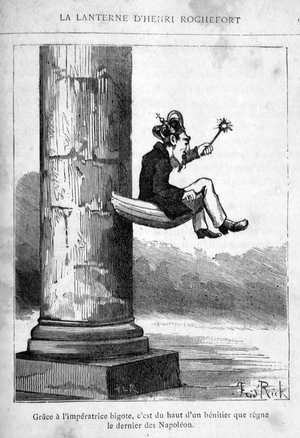 Cartoon of the politics of the Second Empire (Bonapartiste Regime) directed by Napoleon III (Charles Louis Napoleon Bonaparte, dit Louis-Napoleon Bonaparte, 1808-1873). “” Thanks to the emperor bigote, the last of the Napoleon (Napoleon III) regains from the top of a benitier.” The pious impress Eugenie de Montijo (1826-1920) is criticized for her support for the Church, especially in the “Roman question”. Illustration by Frid'Rick, La Lanterne, October 16, 1868. Engraving in “” Napoleon dernier: Les Lanternes de l'Empire”” (Volume 1, volume 2), reedition of 1880-1881 of 75 issues of the newspaper “” La Lanterne “” published by Henri Rochefort (1831-1913) between 30/05/1868 and 29/10/1869 at the Anti-Clerical Librairie. Private collection.