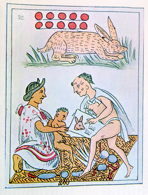 Facsimile of a page of an historical Florentine codex depicting a mother listening predictions about her son, born on 10 Rabbit (colour lithograph)