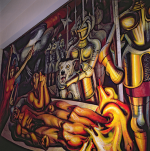 View of a mural depicting Spanish conquistadors, detail from the series 'New Democracy', 1934 (mural)