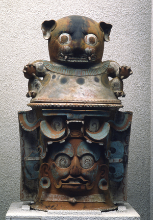 Ixil funerary urn with feline lid, Nebaj, Guatemala, Late Classic Period (900-1200) (polychrome earthenware) (see also 238288)