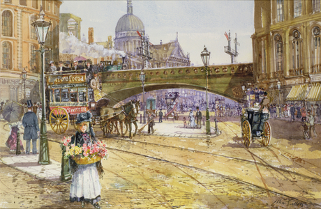 A Flower Girl in Blackfriars (w/c on paper)