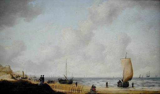 Various figures and boats on a the beach (oil on canvas)