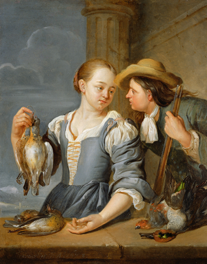 A Young Couple Returning from Shooting with Game, 1678 (oil on copper)
