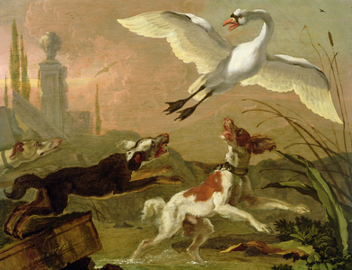 Swan being chased by three dogs, 1668 (panel)