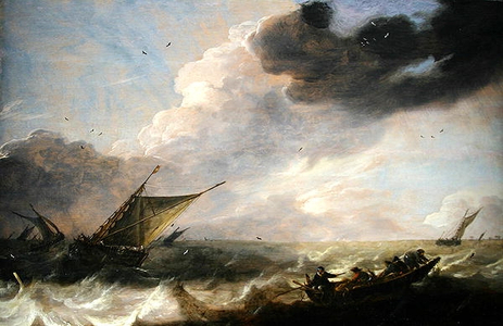 Shipping in stormy weather (oil on panel)