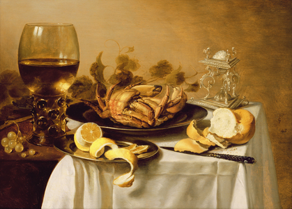 A still life with a roemer, a crab and a peeled lemon on a pewter plate, a bunch of grapes, a bread roll and knife and an elaborate Dutch silver salt cellar, on a draped table, 1643 (oil on panel)