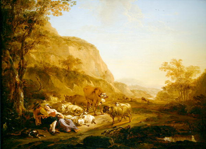 An evening landscape (oil on panel)