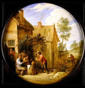 A group of four farmers sitting under a trellis in the door of a house, a woman approaching with a plate and a jug, c.1660s (oil on panel)