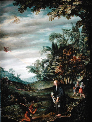 The Temptation of St Anthony with a Dragon in the Distance (oil on copper)