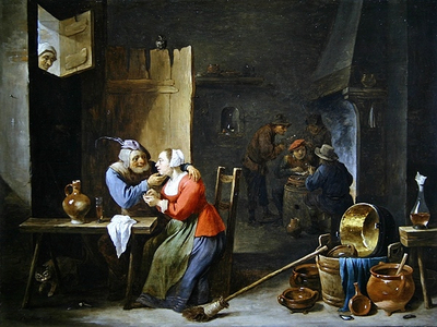 An interior of an inn, with an amorous couple seated at a table (oil on copper)