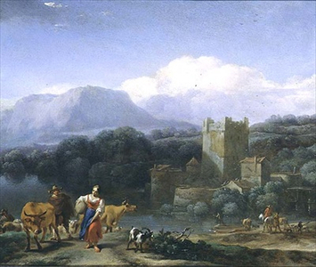 Pastoral landscape with a castle, 1654 (oil on copper)