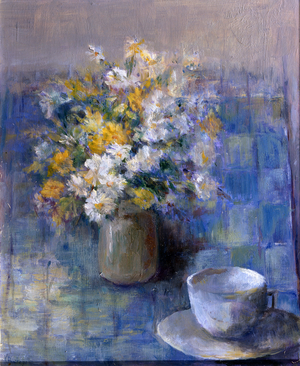 Teacup and Daisies (oil on canvas)