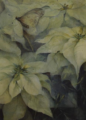 White Poinsettia with a butterfly (vertical)