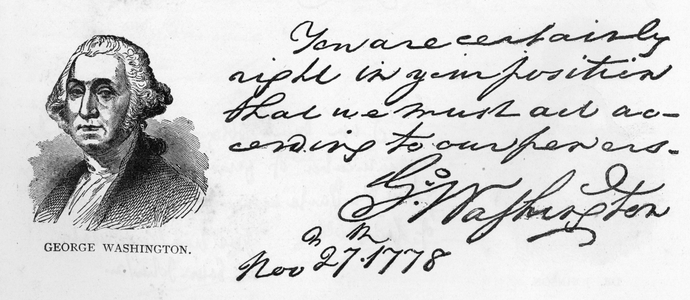 Handwriting and signature of George Washington from a letter concerning Washington's plans for the army in winter, written at Fredericksburg to Gouverneur Morris, November 27, 1778 (pen & ink on paper)