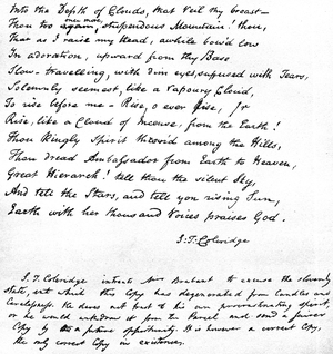 Last lines of Coleridge's poem 'Hymn before Sunrise in the Vale of Chamouny', written in the poet's own handwriting and sent in a letter to Mrs Brabant of Devizes, 1815 (pen & ink on paper)