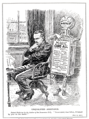 Opposition of the medical profession in Great Britain to the health scheme proposals of Lloyd George in the 1911 National Insurance Act, 1912 (litho)