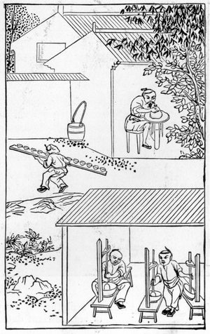 Pounding the colours, from a series of illustrations on the manufacture of china (litho) (see 384116 & 384117 for whole series)