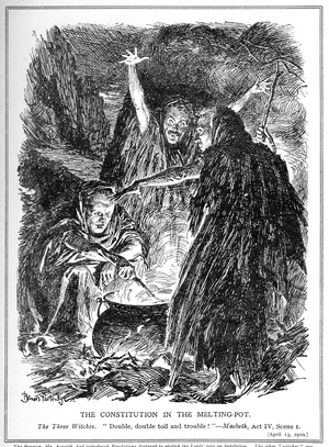 'The Three Witches', The Liberal Government of Asquith, Lloyd George and Churchill plots to transform the British Constitution, 1909 (litho)