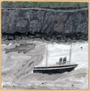 Land, Fish and Motor Vessel (oil on buff card)