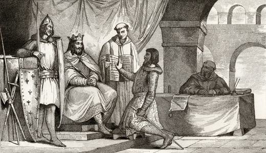 Louis II (848-79) the Stammerer receives an oath of allegiance from a noble, from 'Histoire de France' by Colart, published c.1840 (engraving)
