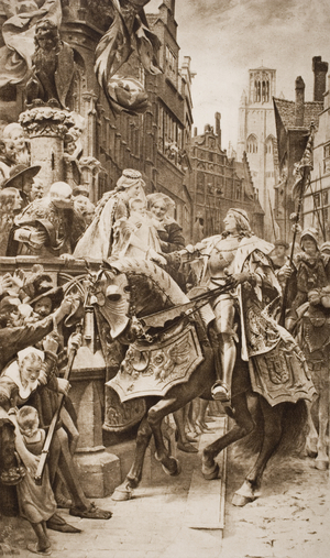 The Holy Roman Emperor Maximilian I and his wife, Mary of Bugundy, with their First Born, Philip of Ghent, illustration from 'The Outline of History' by H.G. Wells, Volume II, published in 1920 (litho)