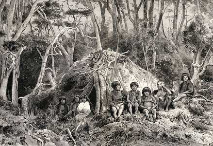 The Fuegians and their wigwams, from 'Journal of Researches' by Charles Darwin (1809-82) published London 1890 (litho)