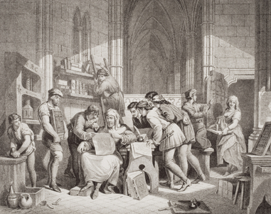 Introduction of the art of printing, from 'Illustrations of English and Scottish History' Volume I (engraving)