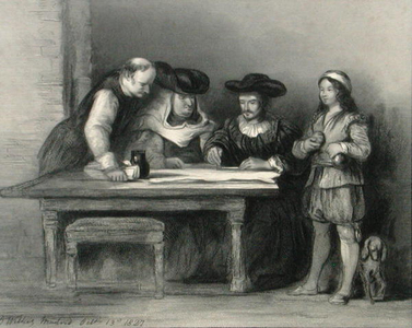 Christopher Columbus (1451-1506) in the monastery at la Rabida from 'The Gallery of Portraits', published 1833 (engraving)