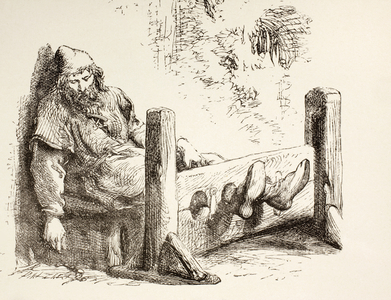 A Man in Stocks, 1890 (litho)