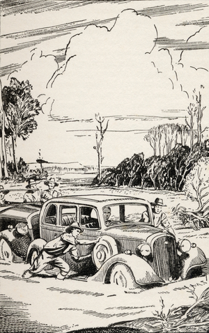 'There was a crucial moment when the sucking bog clutched at the wheel of the first car', from the book 'Buffalo Jim' by William Hatfield, published c.1930s (litho)