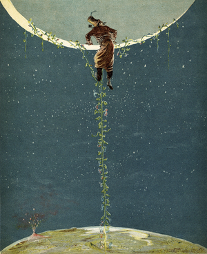 Baron Munchausen climbs up to the moon by way of a Turkey bean plant, from 'The Adventures of Baron Munchausen' by Rudolf Erich Raspe (1736-94) published c.1886 (colour litho)