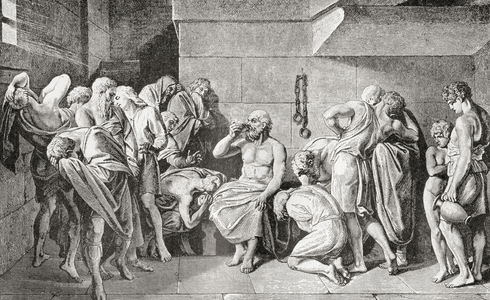 Death of Socrates by drinking poison (litho)