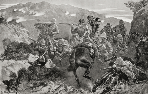 A picket of 13th Hussars surprised near the Tugela River, Hussar Hill, KwaZulu-Natal Province during the second Boer War, from 'South Africa and the Transvaal War', by Louis Creswicke, published 1900 (litho)