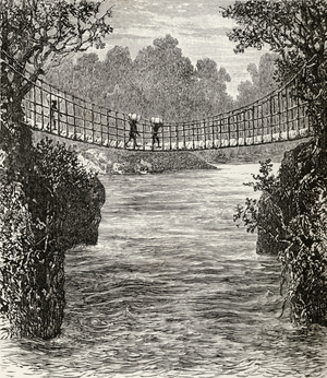 Suspension bridge across the Ituri River, the Congo, 1890 (wood engraving)