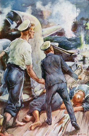 'Its shell struck the German cruiser's bridge, after an illustration by Archibald Webb, from 'Midshipman Rex Carew V.C.' by John S. Margerison, published c.1920 (colour litho)